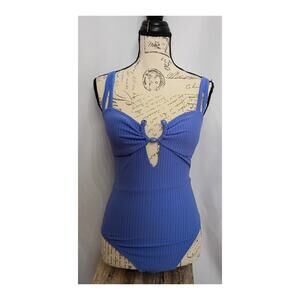 BECCA Blue Ribbed One Piece Swimsuit Cross Back‎ Size Large Swimwear